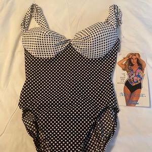 Miraclesuit swim suit, womens one piece, black and white polka dot.